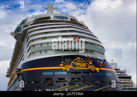 Nassau, Bahama - September 21,2019:  Close up of Disney Cruise Ship tied down at Prince George Wharf in Nassau Harbor on New Providence Island. Stock Photo