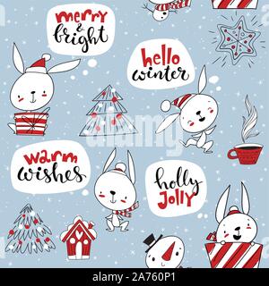 Vector seamless pattern for winter holidays with cute rabbits and Christmas decorations. Stock Vector