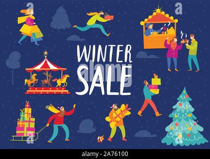 Winter sale poster with vector shopping people Stock Vector