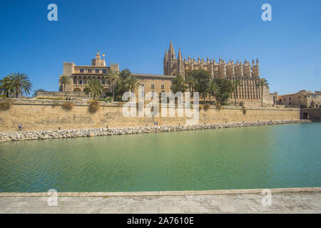 The beautiful Catedral-Basílica de Santa María de Mallorca church in Palma de Mallorca on a sunny day. Stock Photo