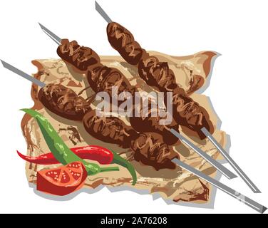 tasty kebabs on skewers with pita bread, tomato and chilly peppers Stock Vector