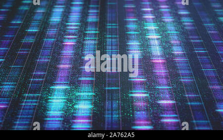 DNA code, Sanger sequence in binary digital storage. 3D Illustration of a method of colored DNA sequencing. Stock Photo