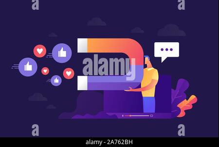 Illustration vector of young businessman who is holding magnet to call to action from audience or customer as influence marketing or advertising. Stock Vector