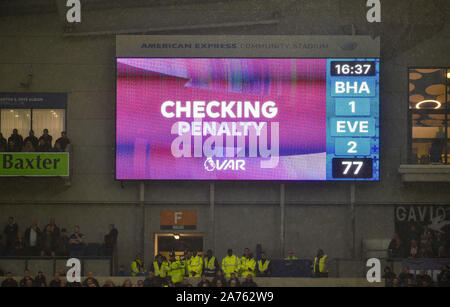 VAR awards Brightons penalty during the Premier League match between  Brighton and Hove Albion and Everton at the Amex Stadium - 26 October 2019  Editorial use only. No merchandising. For Football images FA and Premier League restrictions apply inc. no internet/mobile usage without FAPL license - for details contact Football Dataco  : Credit Simon Dack Stock Photo