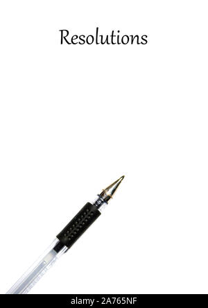 pen on a white sheet of paper with the word resolutions at the top Stock Photo