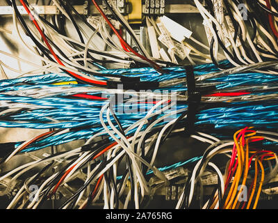 Wiring PLC Control panel with wires industrial factory. Stock Photo