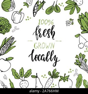 Template with hand drawn vegetables and lettering. Stock Vector
