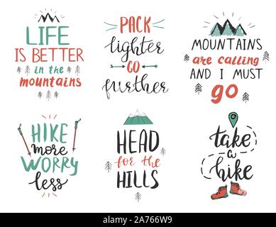 Set of motivational and inspirational quotes about mountains and hiking. Stock Vector