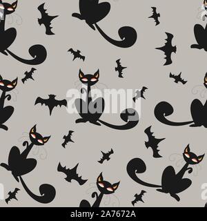 Seamless pattern of Halloween cats and bats in black, traditional orange background. Good for textile print, web, paper, wrapping, fabric, backgrounds Stock Vector