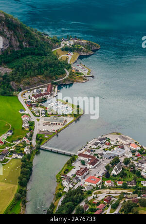 Aurland Village and Aurlandsfjord seen from Stegastein Overlook, The West Norwegian Fjords, Norway Stock Photo