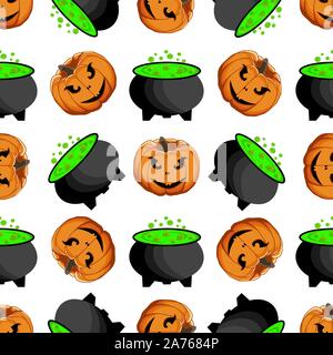Illustration on theme big colored pattern Halloween, seamless orange pumpkin. Seamless pattern consisting of collection pumpkin, accessory at Hallowee Stock Vector