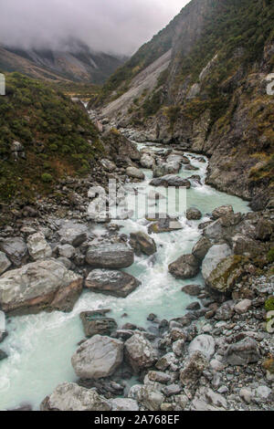 Glacial river water flowing through the mountains in New Zealand.