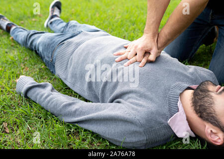 First Aid Emergency CPR rcp on Heart Attack Man , Resuscitation cardio Stock Photo
