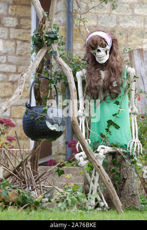 decorated house for Halloween in the cotswolds, Skeletons go Camping Stock Photo