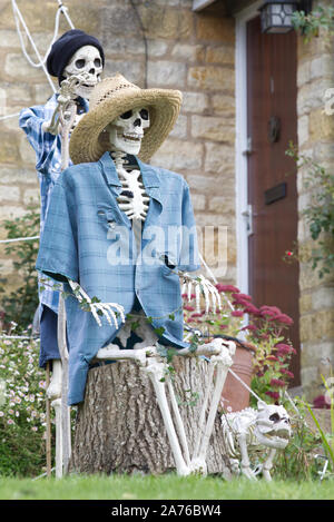 decorated house for Halloween in the cotswolds, Skeletons go Camping Stock Photo