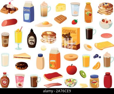 Vector illustration of various supermarket food products and breakfast items Stock Vector