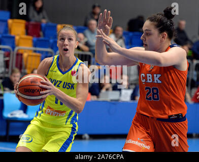 Women's basketball Euro League 3rd round match, Group A:USK Praha vs Cukurova (Turkey). From left KATERINA ELHOTOVA of USK and IIAYDA GUNER of Cukurova in action in Prague, Czech Republic, October 30, 2019. (CTK Photo/Katerina Sulova) Stock Photo