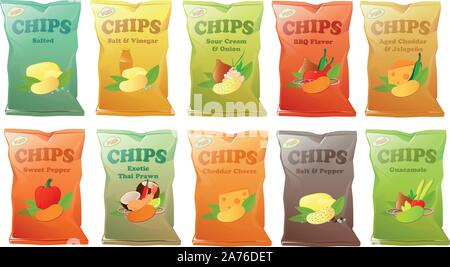 Vector illustration of various bags of potato chips with different flavors Stock Vector