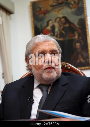 Ernesto Blume Fortini, president of the Constitutional Tribunal of Peru, gives a press conference to foreign correspondents accredited in Lima. Stock Photo