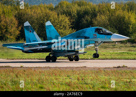 A Sukhoi Su-34 twin-seat, all-weather supersonic medium-range fighter-bomber/strike aircraft of the Russian Air Force. Stock Photo