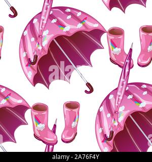 Pink rubber boots and umbrella in a vector style isolated. Stock Vector