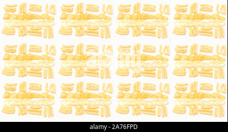 background with various potato chips on a white background Stock Photo