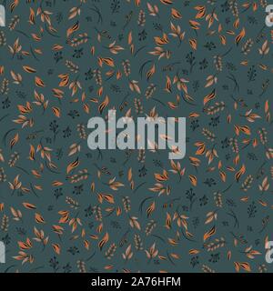 Foliage fall seamless pattern with plants and leaves. Vector green and blue dark background. Stock Vector