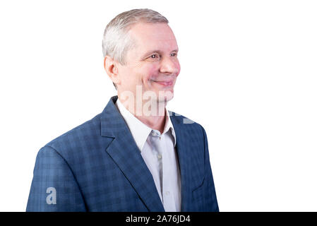 An old man in a suit is smiling. Isolated on a white background. Stock Photo