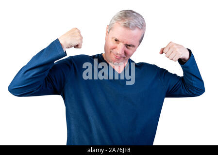 Elderly man shows strength. Isolated on a white background. Stock Photo