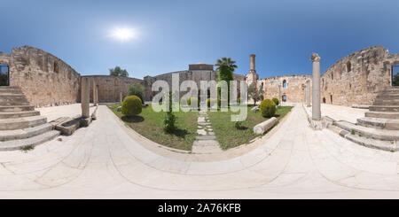 360 degree panoramic view of 360-degree x 180-degree equirectangular panorama of the courtyard of Isa Bey mosque, Selçuk, Turkey