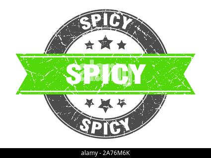 spicy round stamp with green ribbon. spicy Stock Vector