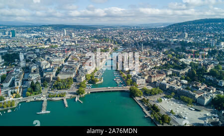 Beautiful aerial drone view of Zurich city and lake, during summer time, in Switzerland Stock Photo