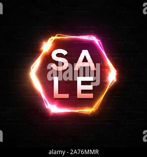 Sale banner. Discount neon sign. Shining hexagon. Stock Vector