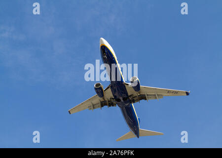 A Ryanair Boeing 737-800 aircraft in the sky just before landing. Stock Photo