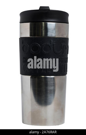 A bodum reuseable coffee and tea flask mug on a white background Stock Photo