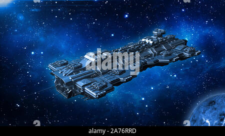 Spaceship traveling in deep space, alien UFO spacecraft flying in the Universe with planet and stars, 3D rendering Stock Photo