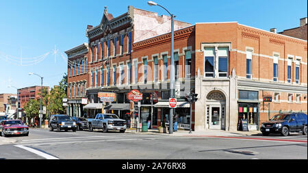 The main street in historic Mansfield, Ohio, USA is a typical small-town center with small businesses and architecture that has been restored. Stock Photo