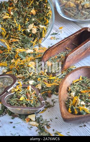 Healthy herbal concept. Tea for a beautiful complexion on a wooden table. Stock Photo