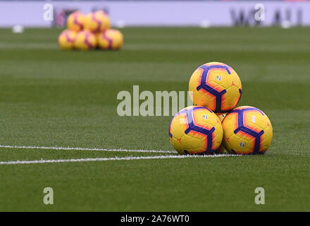 LONDON, ENGLAND - OCTOBER 27, 2018: Official match balls pictured prior to the 2018/19 English Premier League game between Fulham FC and AFC Bournemouth at Craven Cottage.