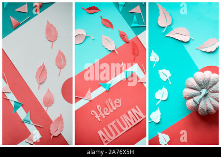Ornate geometric Autumn flat lay, paper craft. Diagonal arrangement with Autumn leaves, flags and circles on pastel colored paper, text "Hello Autumnn Stock Photo