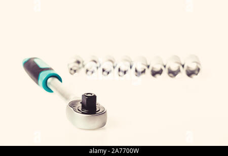 Trust us. multi purpose tool kit. Chrome Vanadium Steel. metallized fix equipment. socket wrench isolated on white background. Iron tools set. Stock Photo