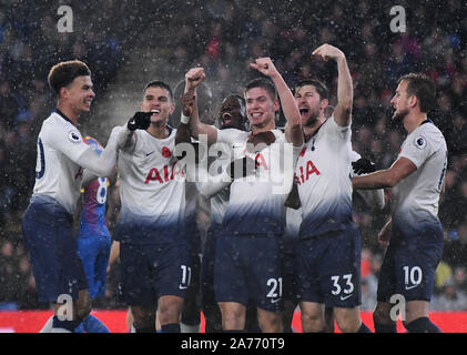 LONDON, ENGLAND - NOVEMBER 10, 2018: Tottenham players congratulate Juan Foyth of Tottenham (21) after he scored a goal during the 2018/19 Premier League game between Crystal Palace and Tottenham Hotspur at Selhurst Park. Stock Photo