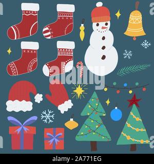 Doodle new year, christmas set for celebration decoration design. Snowman, Santa s hat and mitt, gift box, two holiday tree, bell, four variations of socks. Winter xmas illustration. Vector art. Stock Vector