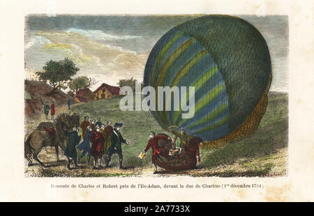 First manned hydrogen balloon flight of two hours and five minutes by Nicolas-Louis Robert and Professor Jacques Charles. The balloon descended in front of the Duc de Chartres, December 1st 1783. Handcolored engraving by J.J. Ettling and P. Sellier from Sircos and Pallier's 'Histoire des Ballons,' Roy, Paris, 1870. Stock Photo