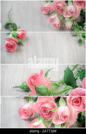 Collage with small pink roses on wooden table, romantic background for your St Valentine's design or a greeting card. This image is toned. Stock Photo