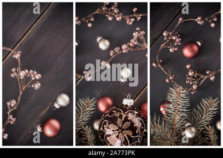 Christmas collage with background with shiny floral garland and Christmas baubles on dark wooden table Stock Photo