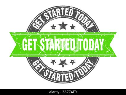 get started today round stamp with green ribbon. get started today Stock Vector