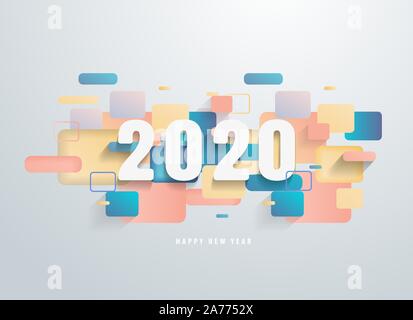 Happy 2020 new year with colorful geometric shapes banner. Greetings and invitations, New year Christmas themed congratulations. Stock Vector