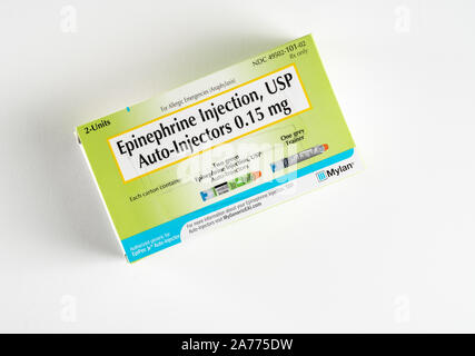 Morgantown, WV - 30 October 2019: Prescription box for two junior EpiPens for anaphylaxis in children or infants Stock Photo