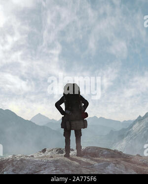 Backpacker on top of the peak,3d illustration**3d figures Stock Photo